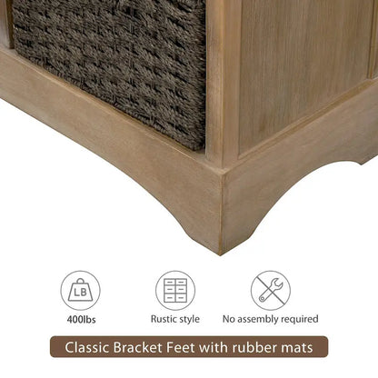 Rustic Storage Cabinet with Two Drawers and Four Classic Rattan Basket - 28L x 11.8W x 28H