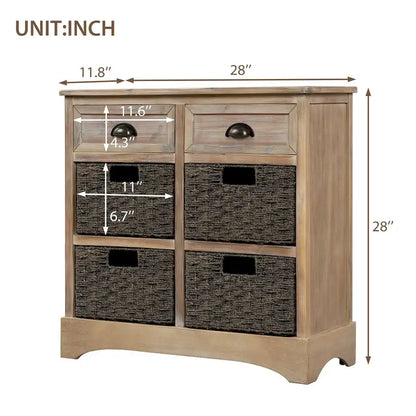 Rustic Storage Cabinet with Two Drawers and Four Classic Rattan Basket - 28L x 11.8W x 28H