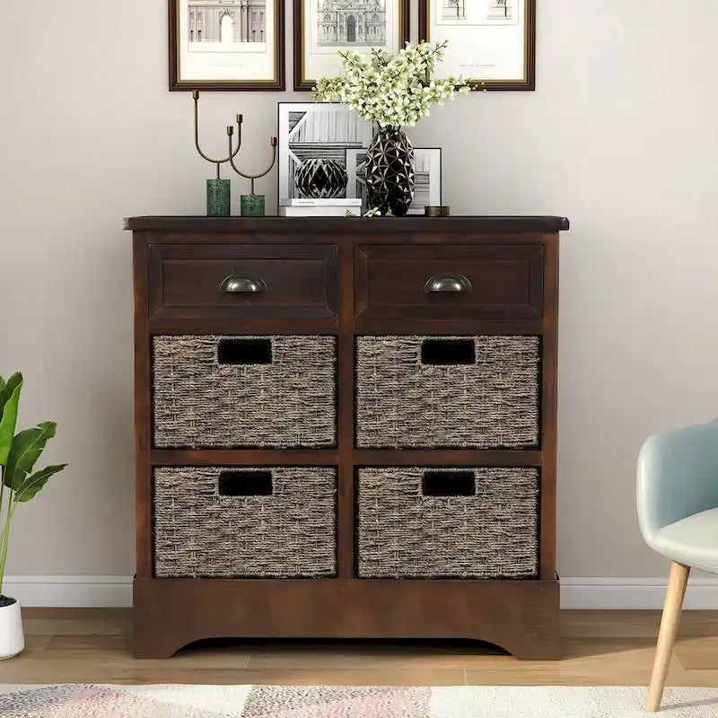 Rustic Storage Cabinet with Two Drawers and Four Classic Rattan Basket - 28L x 11.8W x 28H