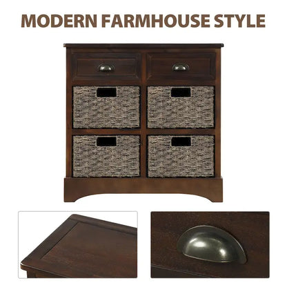 Rustic Storage Cabinet with Two Drawers and Four Classic Rattan Basket - 28L x 11.8W x 28H