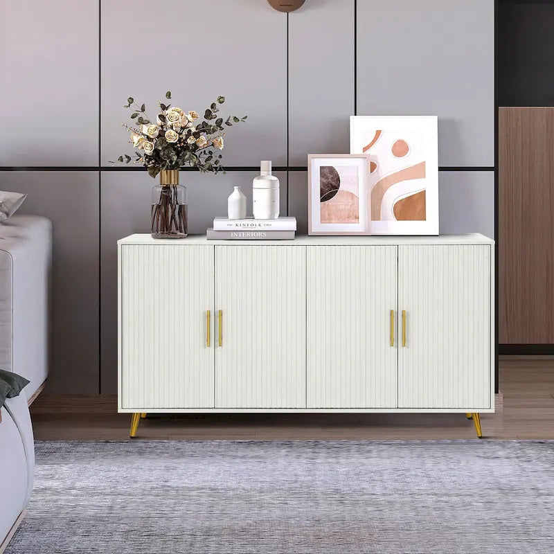 Wood Tv Stand With Storage Cabinet & Adjustable Shelves