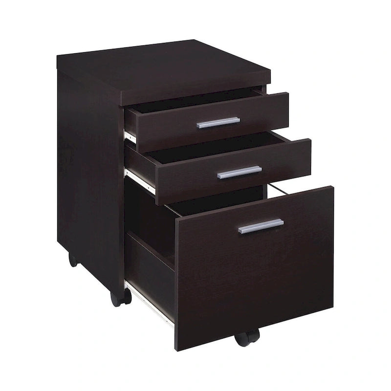 26 Inch 3 Drawer Mobile File Cabinet, Smooth Caster Wheels, Dark Cappuccino