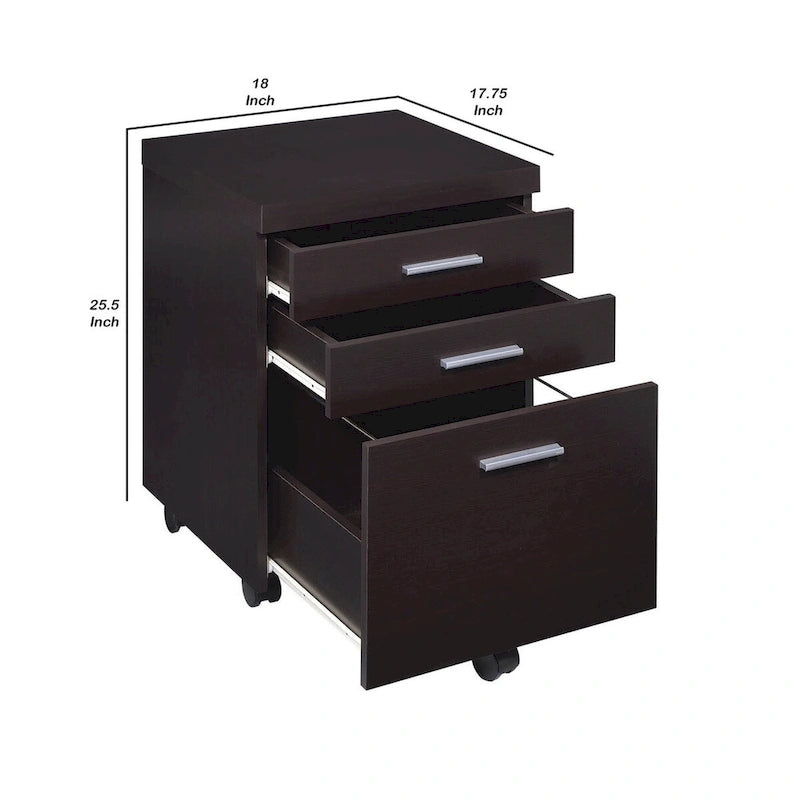 26 Inch 3 Drawer Mobile File Cabinet, Smooth Caster Wheels, Dark Cappuccino