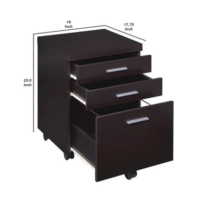 26 Inch 3 Drawer Mobile File Cabinet, Smooth Caster Wheels, Dark Cappuccino