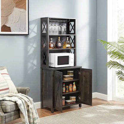 Coffee Bar Cabinet with Hollow Out Barn Design Wood Cabinet