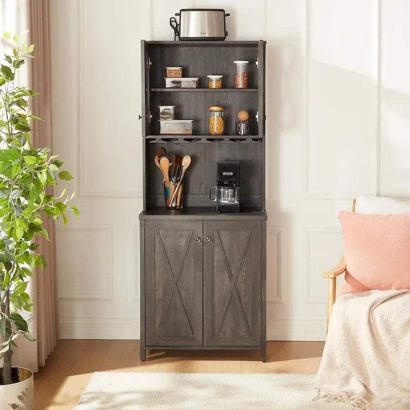 Coffee Bar Cabinet with Hollow Out Barn Design Wood Cabinet