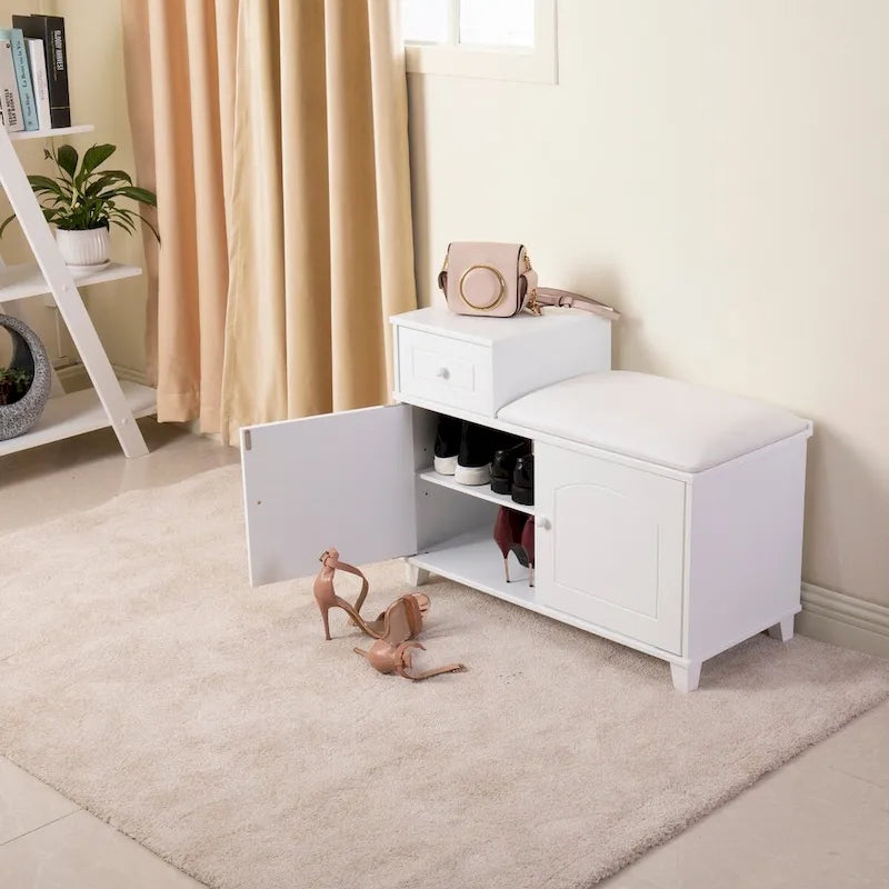 White Wooden Shoe Storage Bench Ottoman Cabinet with Drawer - 31.50*13.78*23.62
