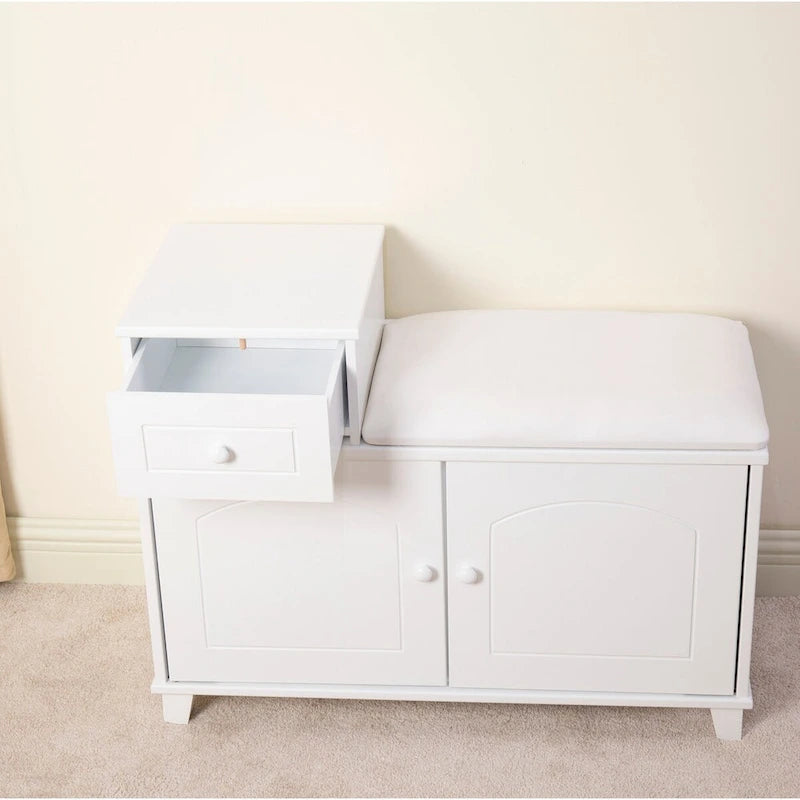 White Wooden Shoe Storage Bench Ottoman Cabinet with Drawer - 31.50*13.78*23.62