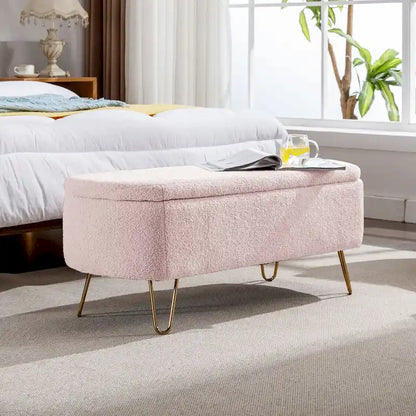Storage Ottoman Bench for End of Bed Gold Legs,Faux Fur Entryway Bench Upholstered Padded with Storage for Living Room Bedroom