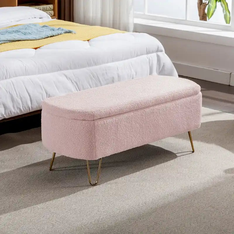 Storage Ottoman Bench for End of Bed Gold Legs,Faux Fur Entryway Bench Upholstered Padded with Storage for Living Room Bedroom