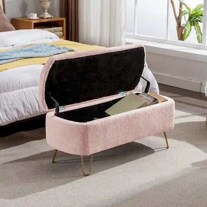 Storage Ottoman Bench for End of Bed Gold Legs,Faux Fur Entryway Bench Upholstered Padded with Storage for Living Room Bedroom