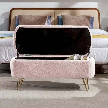 Storage Ottoman Bench for End of Bed Gold Legs,Faux Fur Entryway Bench Upholstered Padded with Storage for Living Room Bedroom