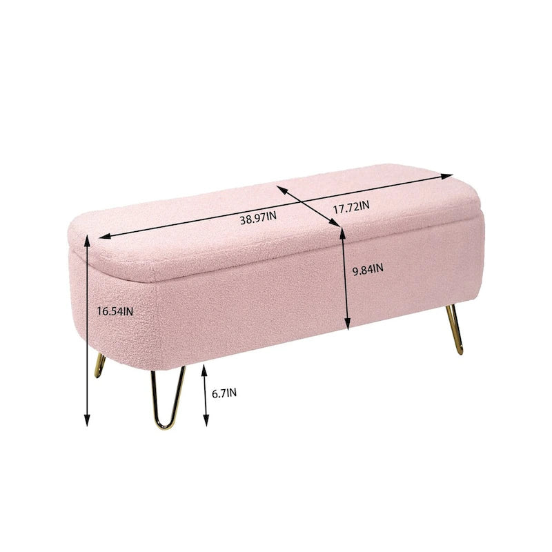 Storage Ottoman Bench for End of Bed Gold Legs,Faux Fur Entryway Bench Upholstered Padded with Storage for Living Room Bedroom