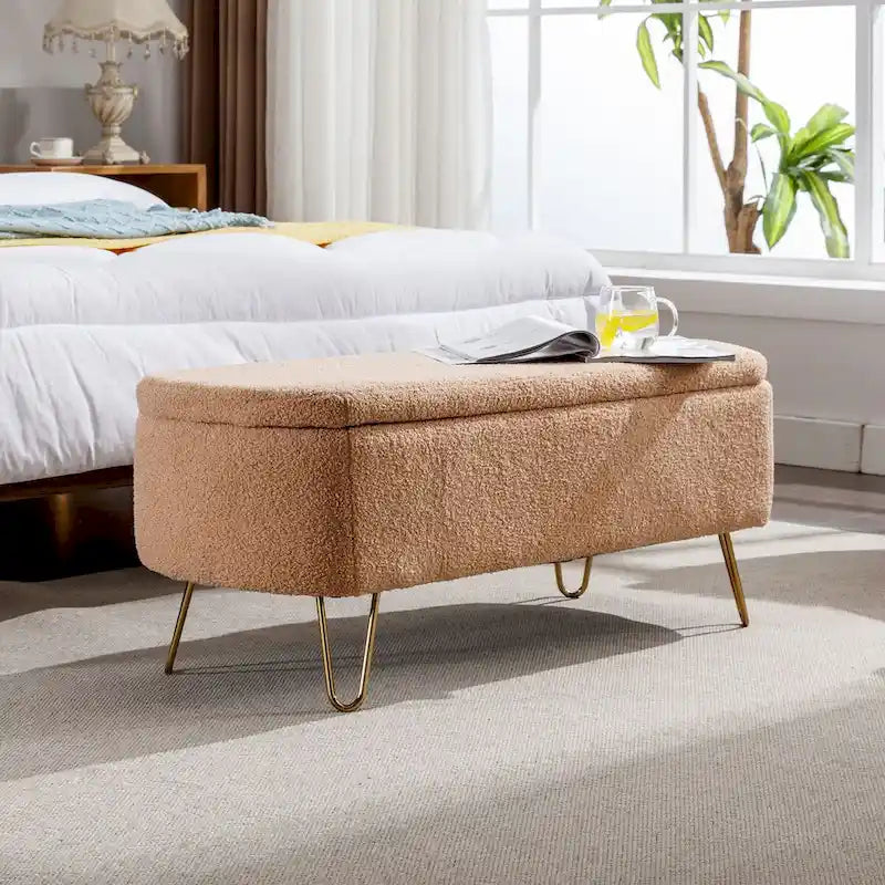 Storage Ottoman Bench for End of Bed Gold Legs,Faux Fur Entryway Bench Upholstered Padded with Storage for Living Room Bedroom