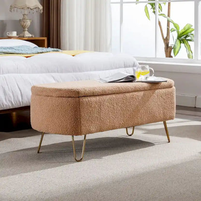 Storage Ottoman Bench for End of Bed Gold Legs,Faux Fur Entryway Bench Upholstered Padded with Storage for Living Room Bedroom
