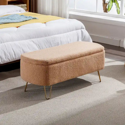 Storage Ottoman Bench for End of Bed Gold Legs,Faux Fur Entryway Bench Upholstered Padded with Storage for Living Room Bedroom