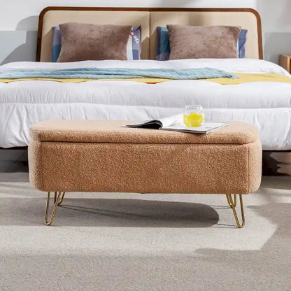 Storage Ottoman Bench for End of Bed Gold Legs,Faux Fur Entryway Bench Upholstered Padded with Storage for Living Room Bedroom