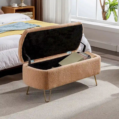 Storage Ottoman Bench for End of Bed Gold Legs,Faux Fur Entryway Bench Upholstered Padded with Storage for Living Room Bedroom