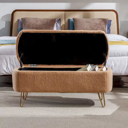 Storage Ottoman Bench for End of Bed Gold Legs,Faux Fur Entryway Bench Upholstered Padded with Storage for Living Room Bedroom