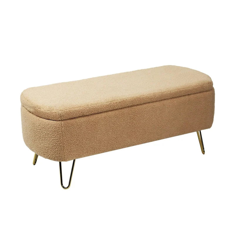 Storage Ottoman Bench for End of Bed Gold Legs,Faux Fur Entryway Bench Upholstered Padded with Storage for Living Room Bedroom
