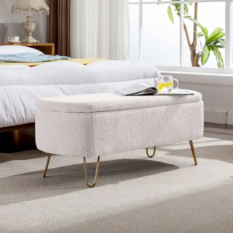 Storage Ottoman Bench for End of Bed Gold Legs,Faux Fur Entryway Bench Upholstered Padded with Storage for Living Room Bedroom