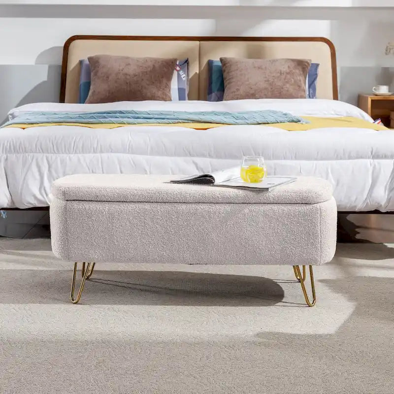 Storage Ottoman Bench for End of Bed Gold Legs,Faux Fur Entryway Bench Upholstered Padded with Storage for Living Room Bedroom