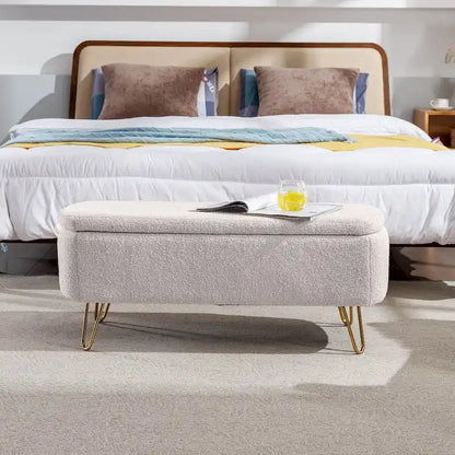 Storage Ottoman Bench for End of Bed Gold Legs,Faux Fur Entryway Bench Upholstered Padded with Storage for Living Room Bedroom
