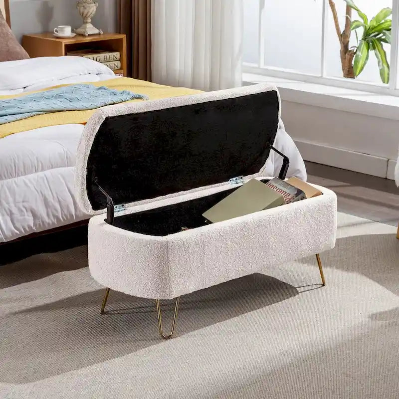 Storage Ottoman Bench for End of Bed Gold Legs,Faux Fur Entryway Bench Upholstered Padded with Storage for Living Room Bedroom