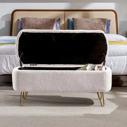 Storage Ottoman Bench for End of Bed Gold Legs,Faux Fur Entryway Bench Upholstered Padded with Storage for Living Room Bedroom