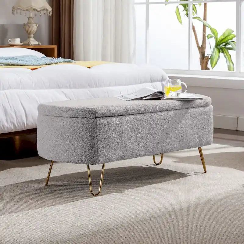 Storage Ottoman Bench for End of Bed Gold Legs,Faux Fur Entryway Bench Upholstered Padded with Storage for Living Room Bedroom