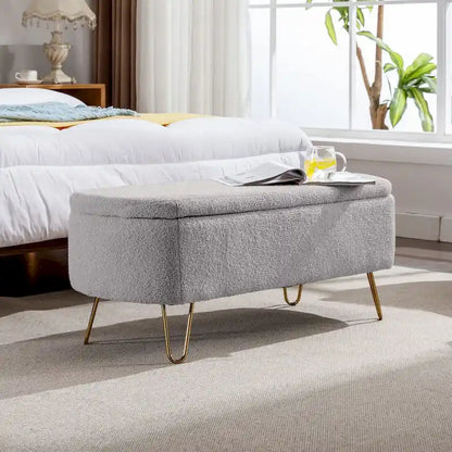 Storage Ottoman Bench for End of Bed Gold Legs,Faux Fur Entryway Bench Upholstered Padded with Storage for Living Room Bedroom