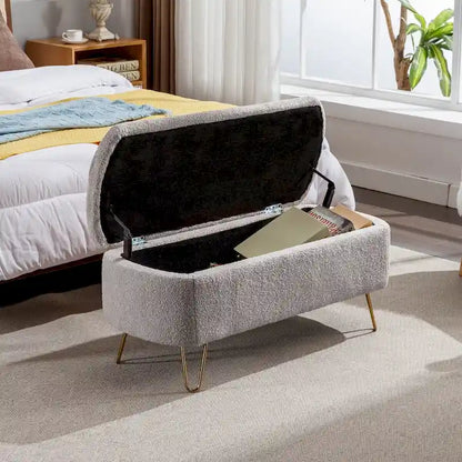 Storage Ottoman Bench for End of Bed Gold Legs,Faux Fur Entryway Bench Upholstered Padded with Storage for Living Room Bedroom