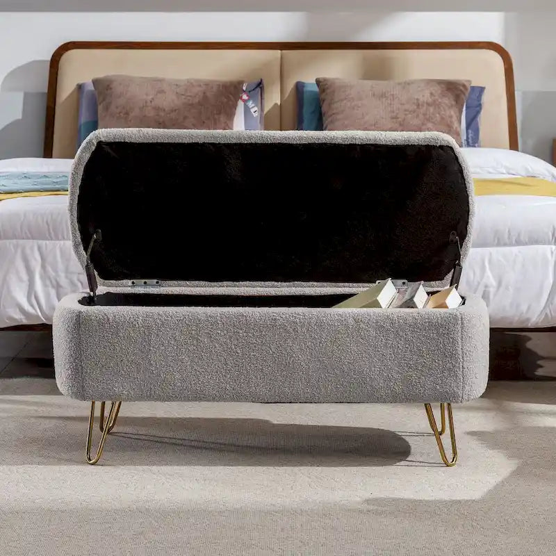 Storage Ottoman Bench for End of Bed Gold Legs,Faux Fur Entryway Bench Upholstered Padded with Storage for Living Room Bedroom