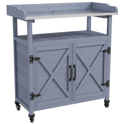 Outdoor Potting Bench, Wooden Potting Table with Storage Cabinet, Aluminum Table Top, Rubber Wheels for Patio, Balcony
