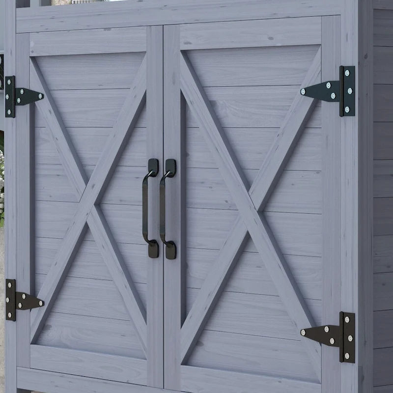 Outdoor Potting Bench, Wooden Potting Table with Storage Cabinet, Aluminum Table Top, Rubber Wheels for Patio, Balcony