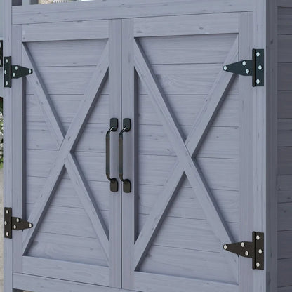 Outdoor Potting Bench, Wooden Potting Table with Storage Cabinet, Aluminum Table Top, Rubber Wheels for Patio, Balcony