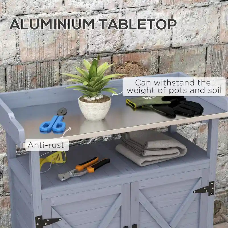 Outdoor Potting Bench, Wooden Potting Table with Storage Cabinet, Aluminum Table Top, Rubber Wheels for Patio, Balcony