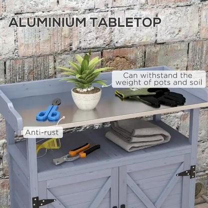 Outdoor Potting Bench, Wooden Potting Table with Storage Cabinet, Aluminum Table Top, Rubber Wheels for Patio, Balcony