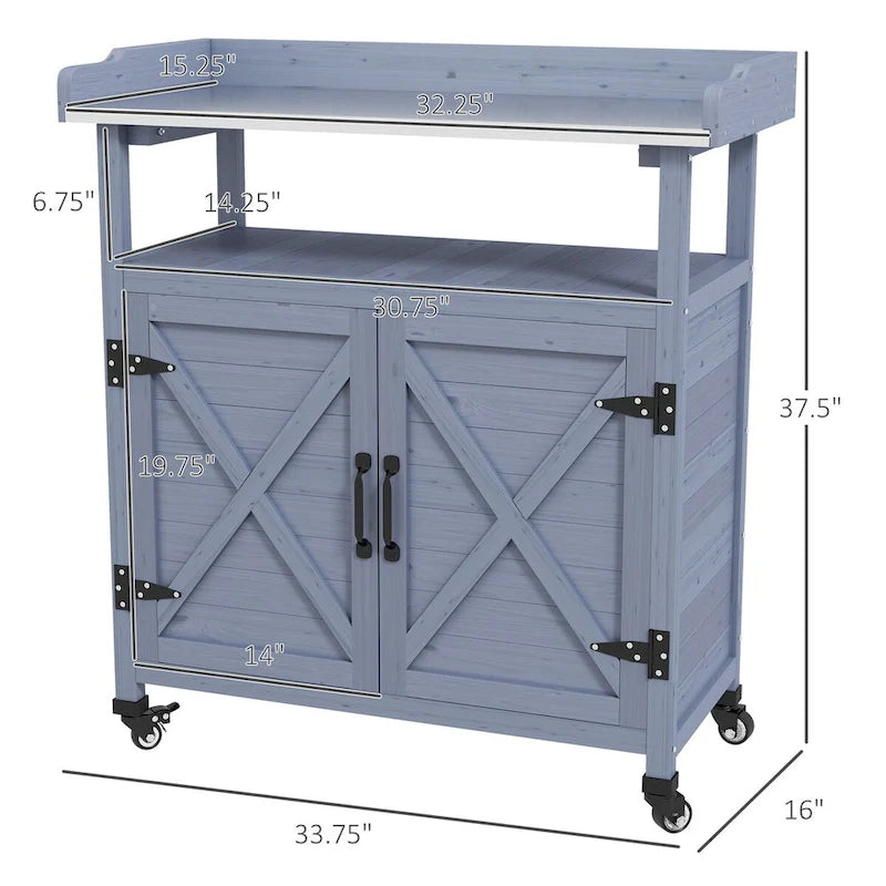 Outdoor Potting Bench, Wooden Potting Table with Storage Cabinet, Aluminum Table Top, Rubber Wheels for Patio, Balcony