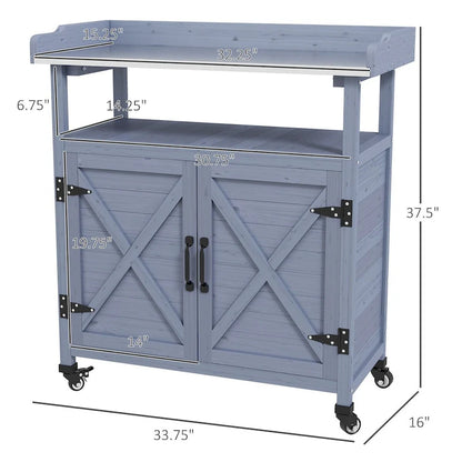 Outdoor Potting Bench, Wooden Potting Table with Storage Cabinet, Aluminum Table Top, Rubber Wheels for Patio, Balcony