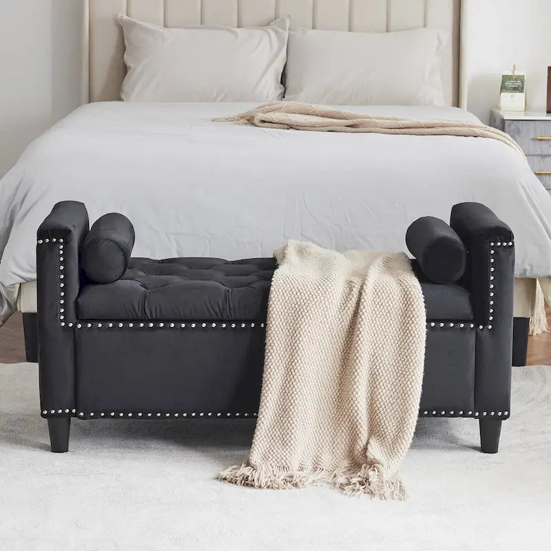 Storage Bench, 44.5-Inch Queen Velvet Button Bedside Bench, Entryway Living Room with Armrests, Nailhead Trim