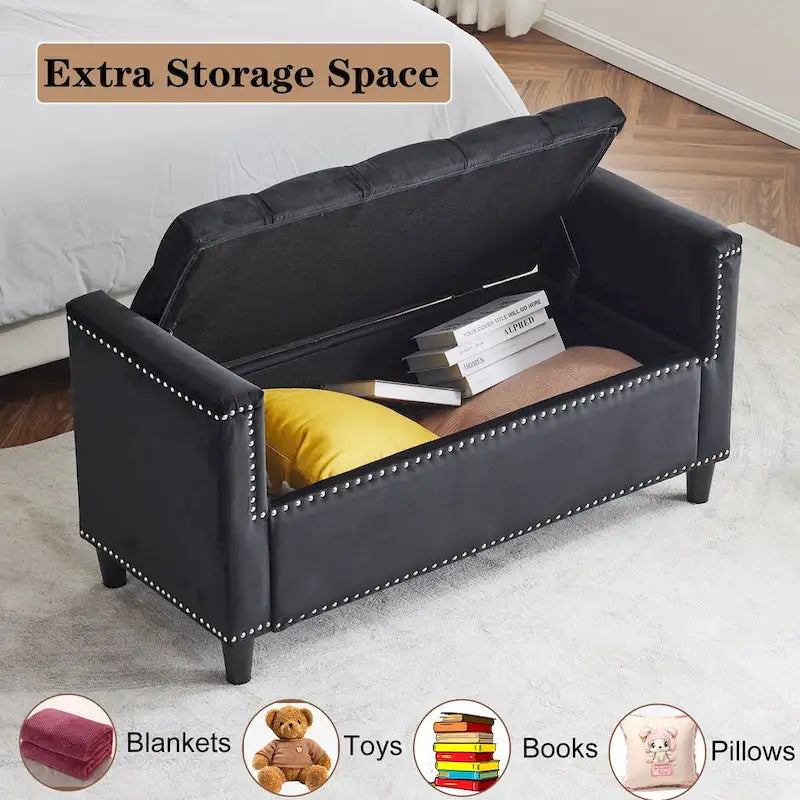 Storage Bench, 44.5-Inch Queen Velvet Button Bedside Bench, Entryway Living Room with Armrests, Nailhead Trim