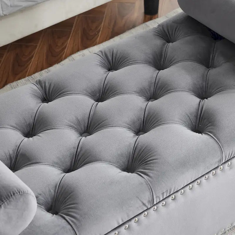 Storage Bench, 44.5-Inch Queen Velvet Button Bedside Bench, Entryway Living Room with Armrests, Nailhead Trim