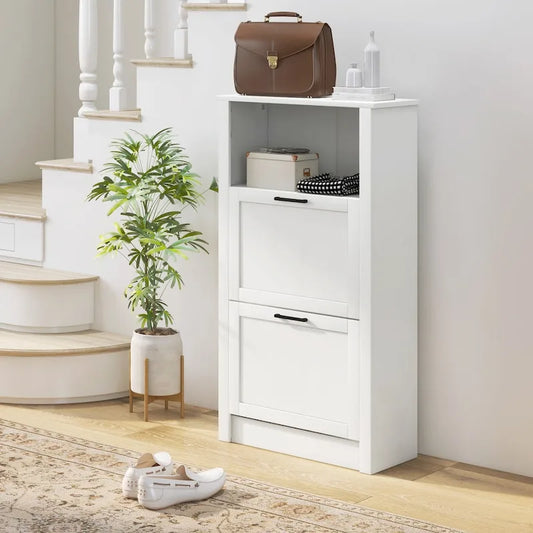 Shoe Storage Cabinet with Open Compartment and 2 Flip Drawers
