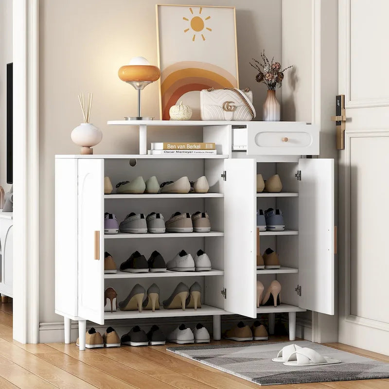 Shoe Cabinet with Arched Doors and Drawer,Cream Style Storage Sideboard with Adjustable Shelves and Solid Wood Legs