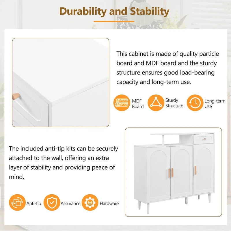 Shoe Cabinet with Arched Doors and Drawer,Cream Style Storage Sideboard with Adjustable Shelves and Solid Wood Legs
