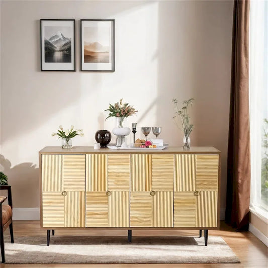 Elegant Vintage 4-Door Cabinet with Carved Effect Decoration Doors