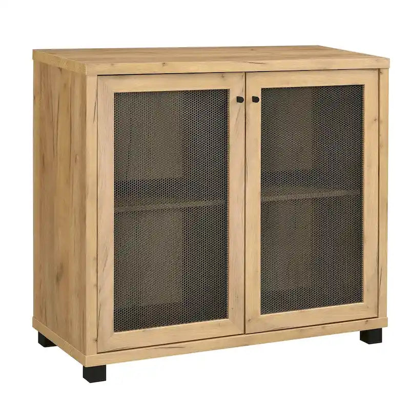 2 Doors Accent Cabinet with Metal Legs in Golden Oak and Black