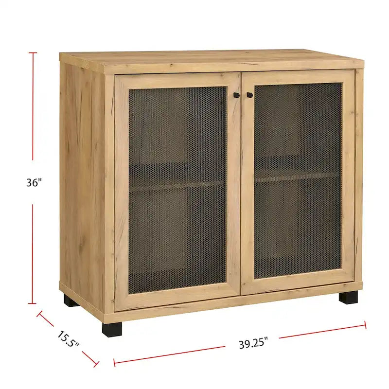 2 Doors Accent Cabinet with Metal Legs in Golden Oak and Black