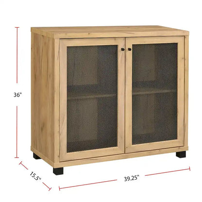 2 Doors Accent Cabinet with Metal Legs in Golden Oak and Black